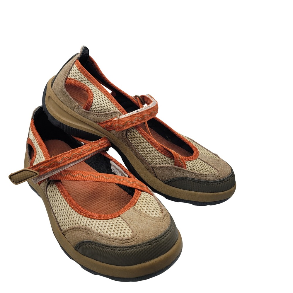 Lands End Mary Jane Shoes Womens 6.5 B Tan Orange Mesh Hook Loop Comfort Walking